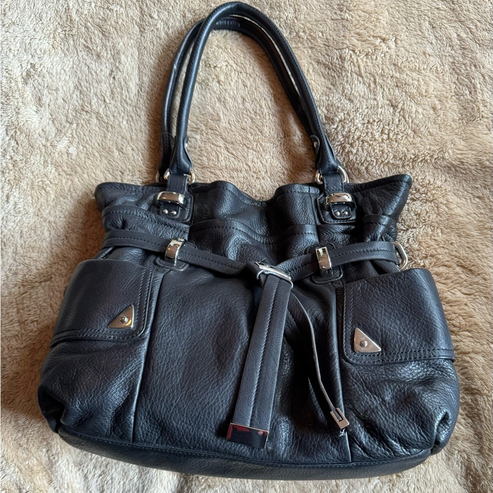 B Makowsky black glove leather double handle belted shoulder bag.  New